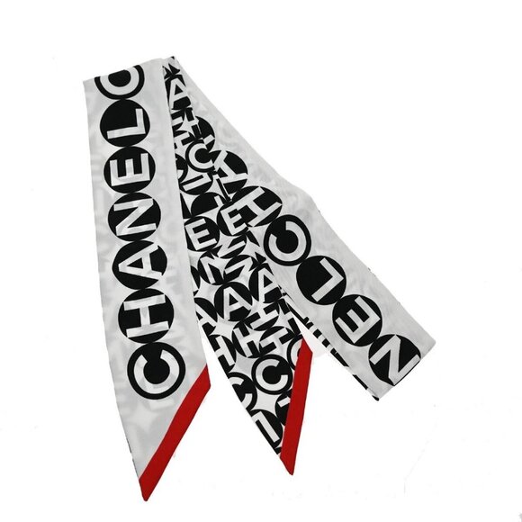 CHANEL Logo Long Scarf Bow Ribbon 100% Silk White Black Red Italy - Picture 1 of 14